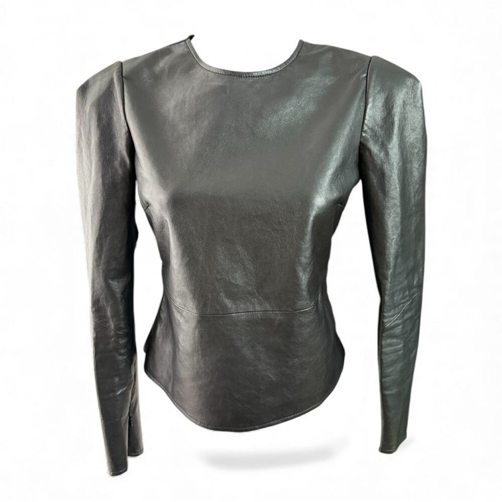 Structured Black Faux Leather Long-Sleeve Blouse